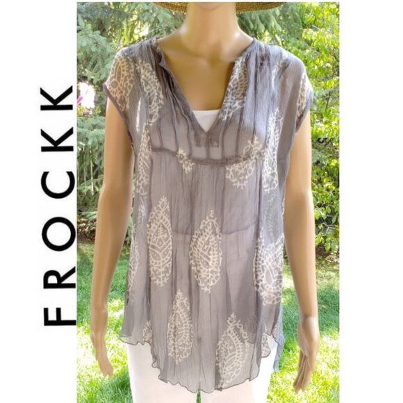 Australian brand - FROCKK - Boho 100% silk short sleeve sheer gray blouse - Picture 1 of 11